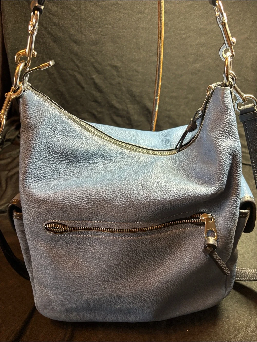 Pebbled Coach Leather Shoulder Bag in Light Blue with Front Zip
